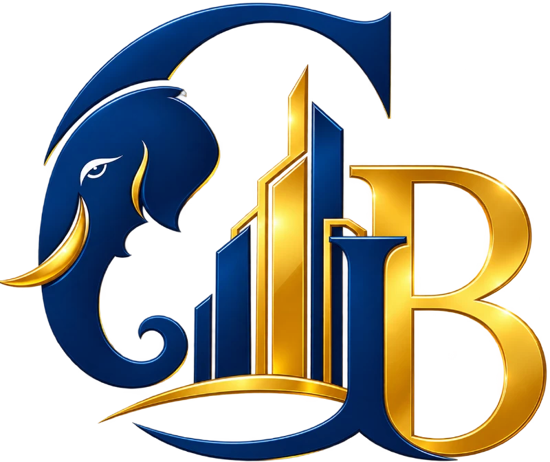 Gajendra Brothers emblem — elephant and skyline monogram
